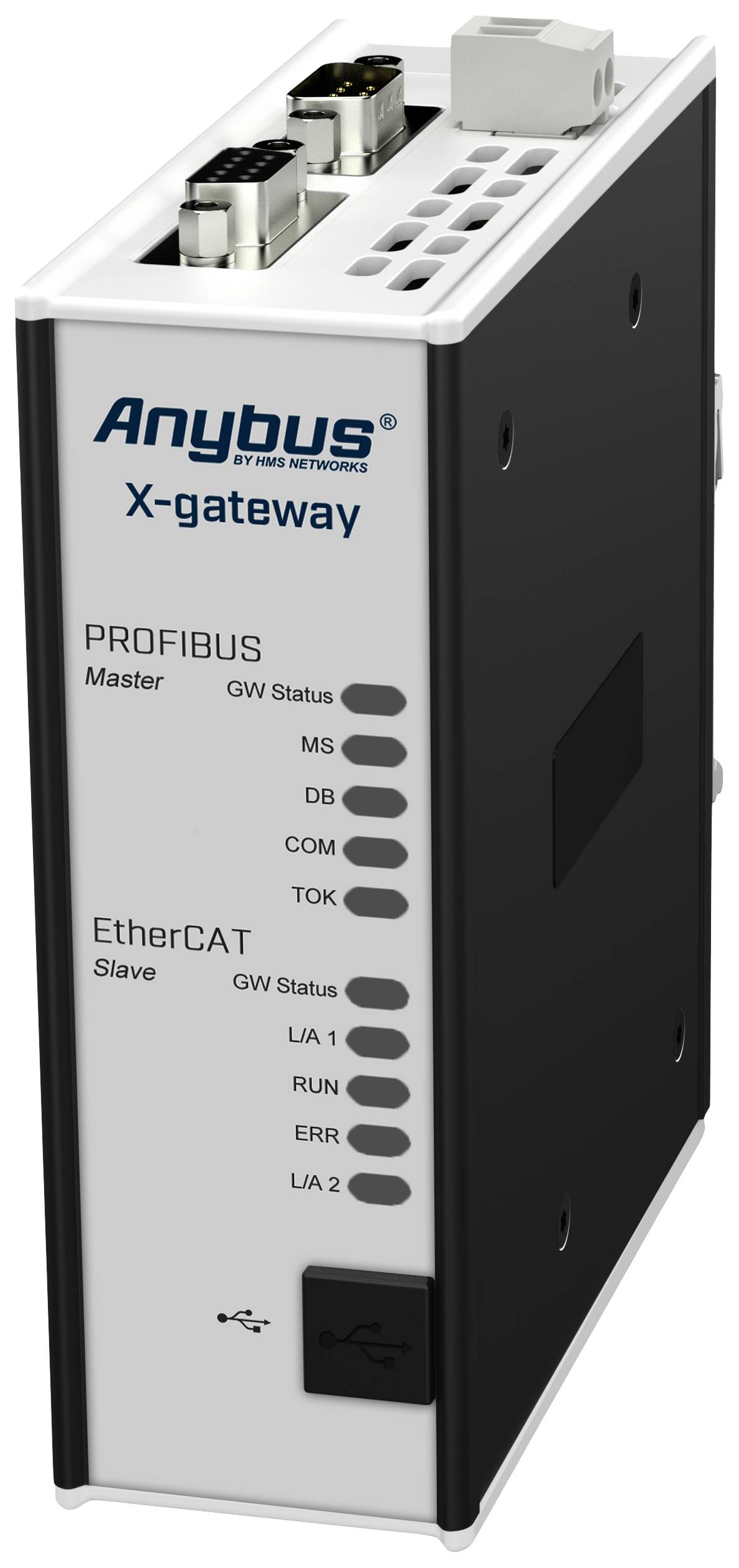 'Anybus X-gateway' communicatiemodule toont verbinding tussen PROFIBUS Master en EtherCAT Slave met status-LED-indicatoren.