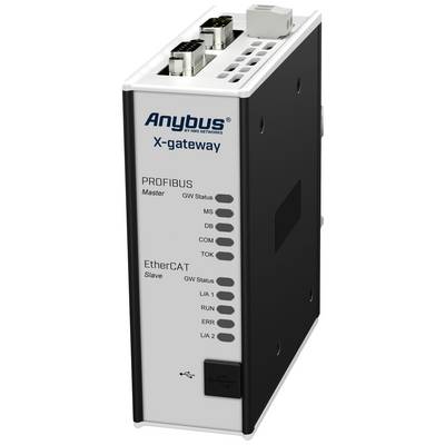 'Anybus X-gateway' communicatiemodule toont verbinding tussen PROFIBUS Master en EtherCAT Slave met status-LED-indicatoren.