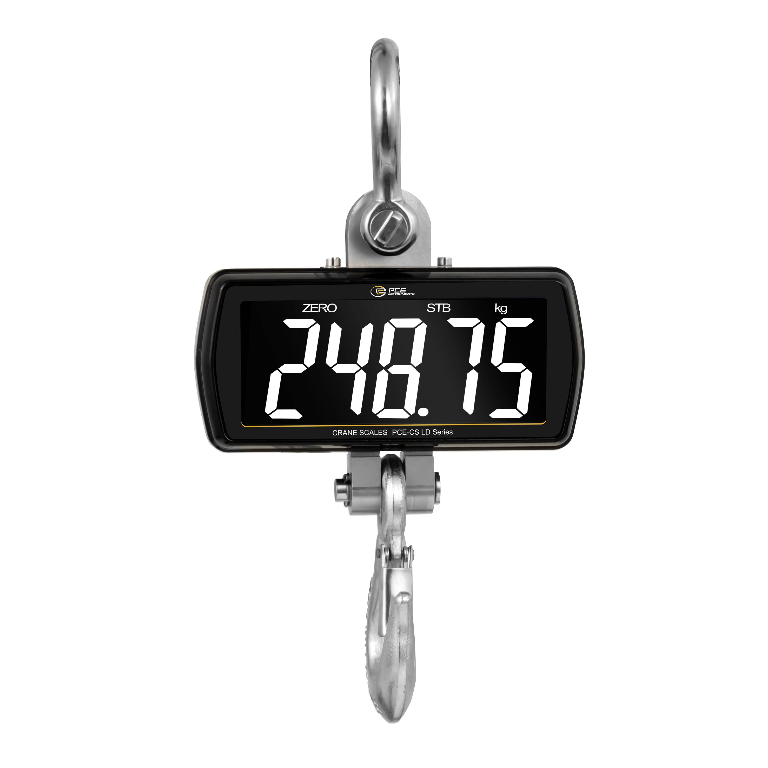 Digitale hijskraan weegschaal met display van 248,75 kg, met haak en schroefbout zichtbaar.