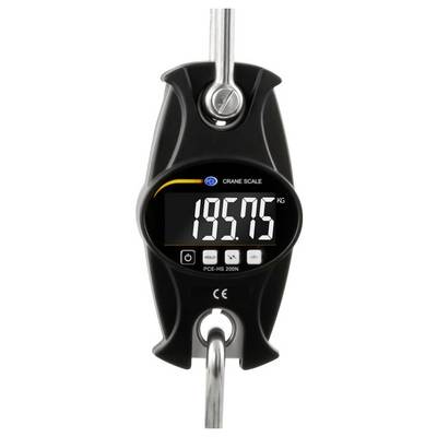 Digitale kraanweegschaal met een gewicht van 195,75 kg, verticaal hangend aan een metalen haak en ring.