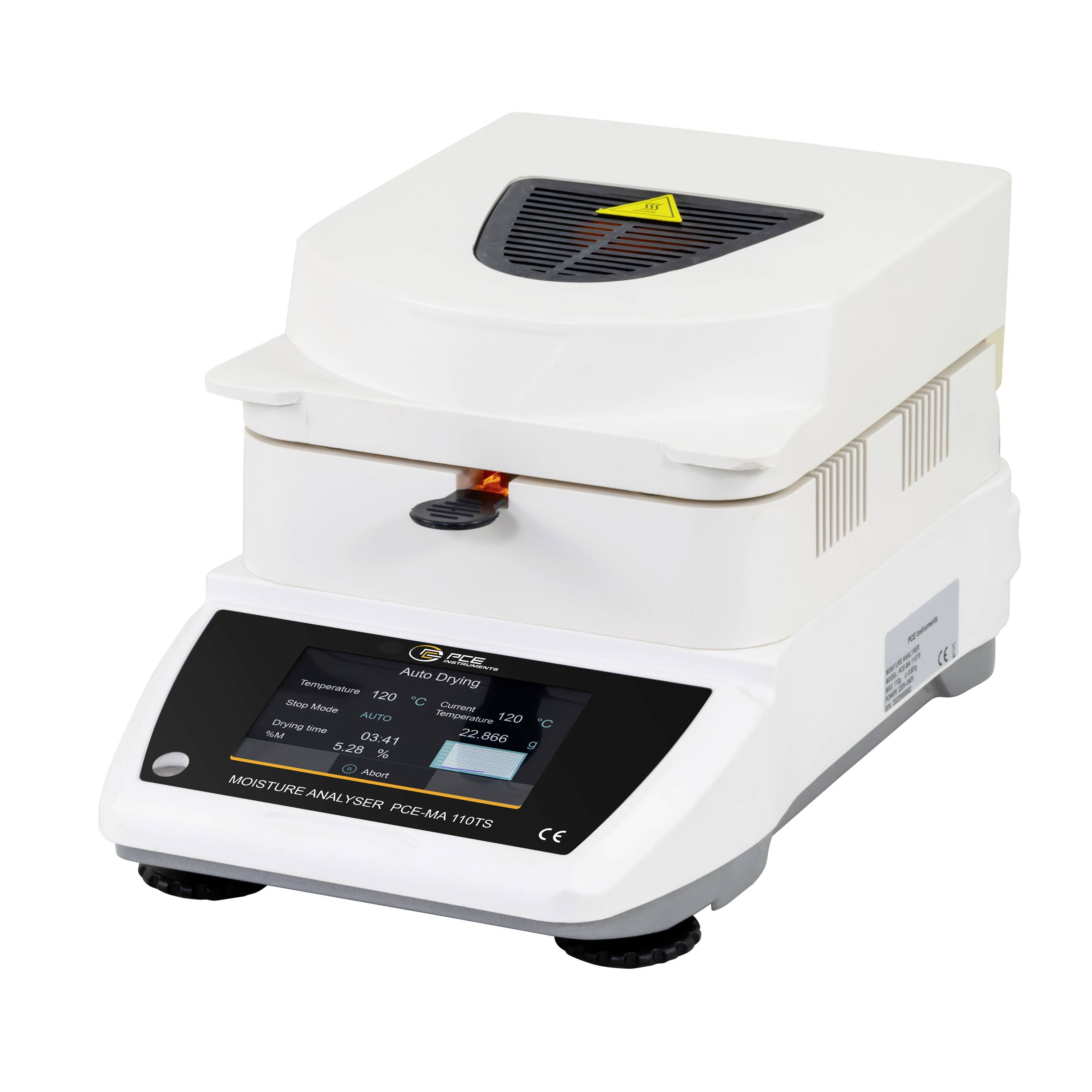 Een witte laboratoriumanalysator voor bureaubladen met een touchscreen, monsterkamer en bovenaansluiting, weergegeven op een neutrale achtergrond.