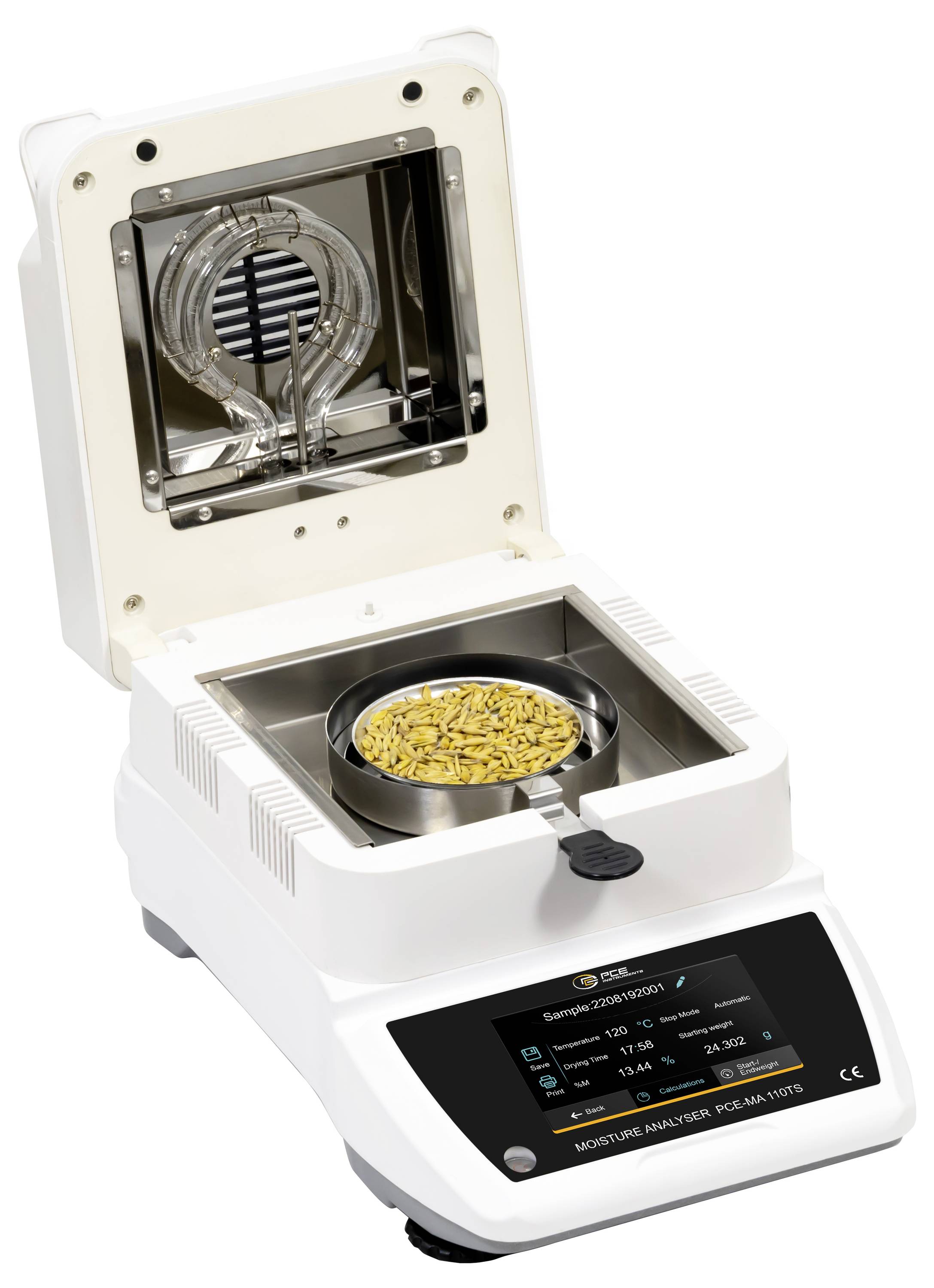 Laboratoriummoisturemeter met geopende deksel en een steekproefschaaltje erin, met zicht op de verwarmingskamer en bedieningspaneel met touchscreen.