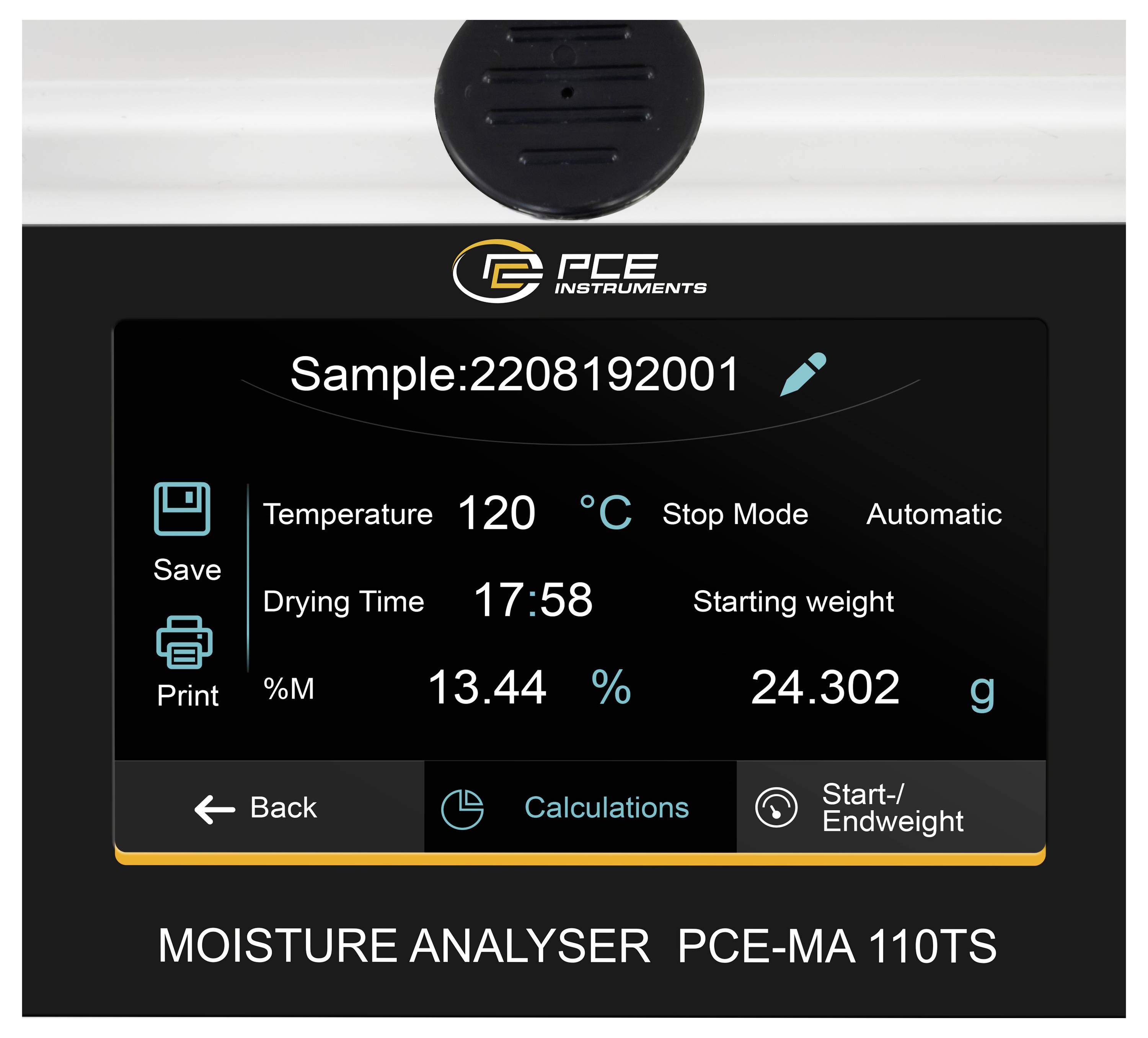 Vochtanalyse-scherm met monster 2208192001, temperatuur 120°C, droogtijd 17:58, vochtgehalte 13,44%, en begingewicht 24,302 g.