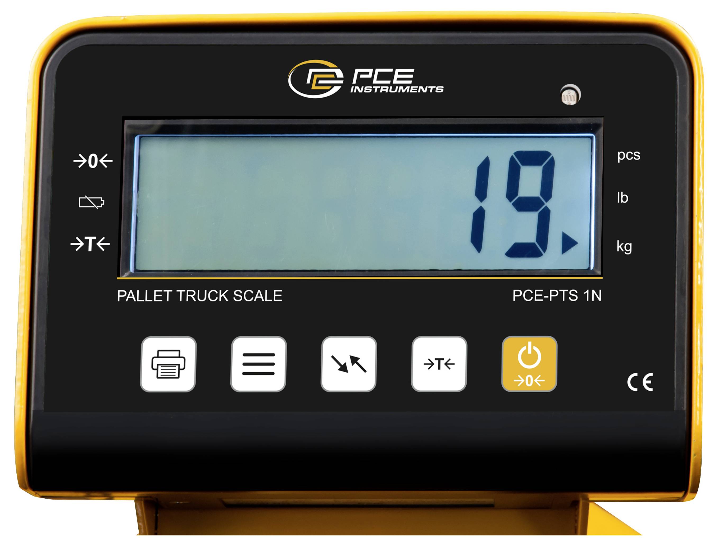 Digitale pallet truck weegschaal van PCE Instruments met een gewichtsweergave van 19 kg.