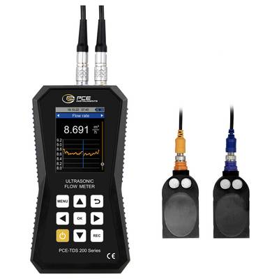 Draagbare ultrasone debietmeter met scherm dat een debiet van 8.691 m³/u aangeeft, plus twee sensorsonden met oranje en blauwe connectoren.