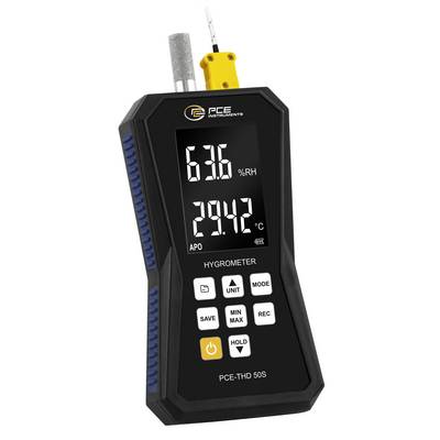 Handheld PCE instrumentenhygrometer met op het scherm 63,6% RV en 29,42°C weergegeven, met een probe aan de bovenkant bevestigd.