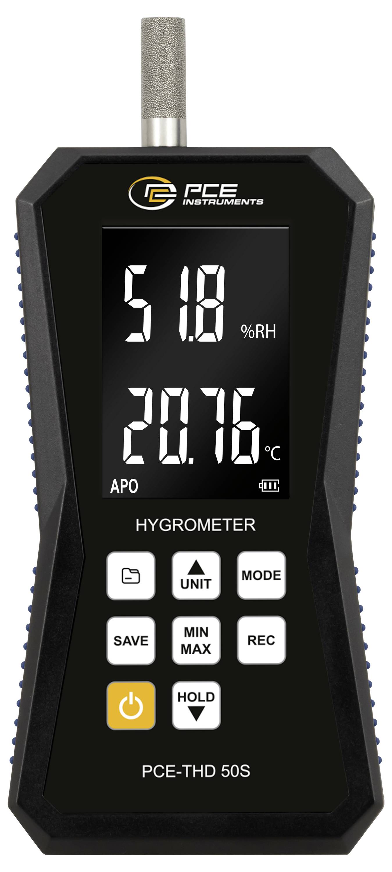 Handheld PCE-vochtmeter met op het digitale display 51,8% RV en 20,76°C, met functieknoppen eronder.