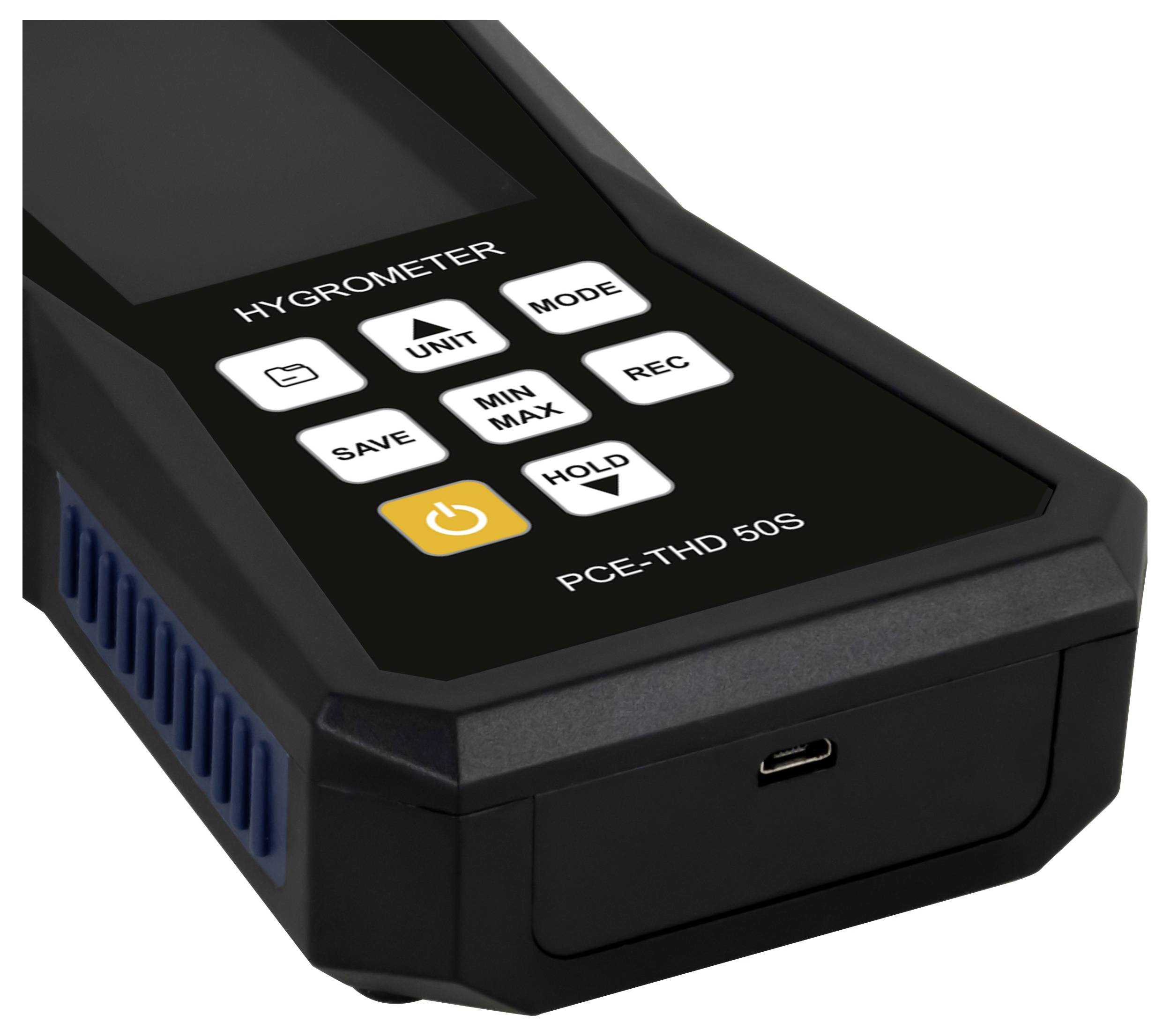 Digitaal hygrometer-apparaat met het label 'HYGROMETER' en 'PCE-THD 50S' met functieknoppen aan de bovenkant en een USB-C-poort aan de voorkant.