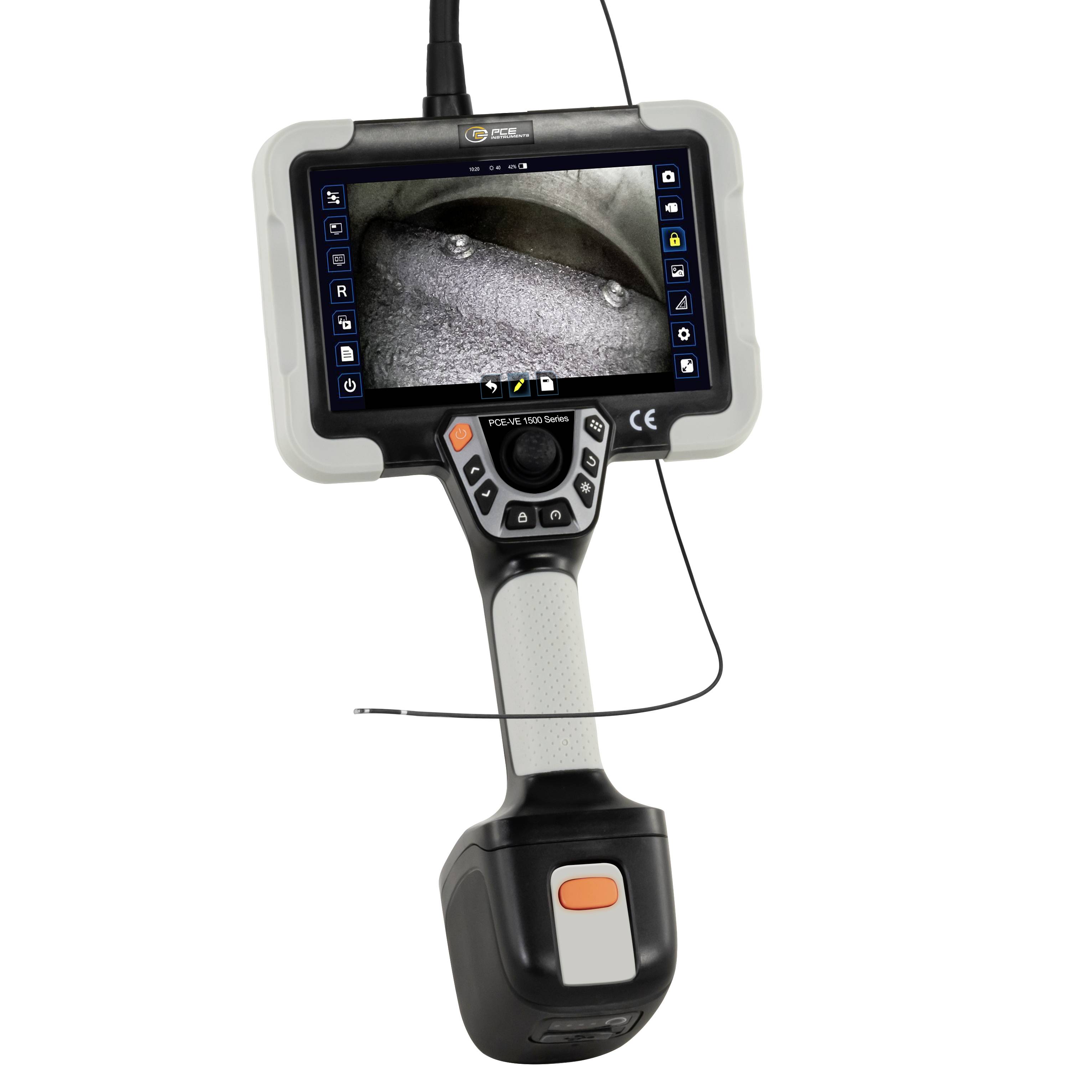 Handheld inspectiecamera met een scherm dat een gedetailleerde weergave toont van het binnenwerk van een pijp of kanaal.