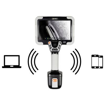 Handheld inspectiecamera met een close-up weergave, met draadloze verbindingspictogrammen die deze verbinden met een laptop en smartphone.
