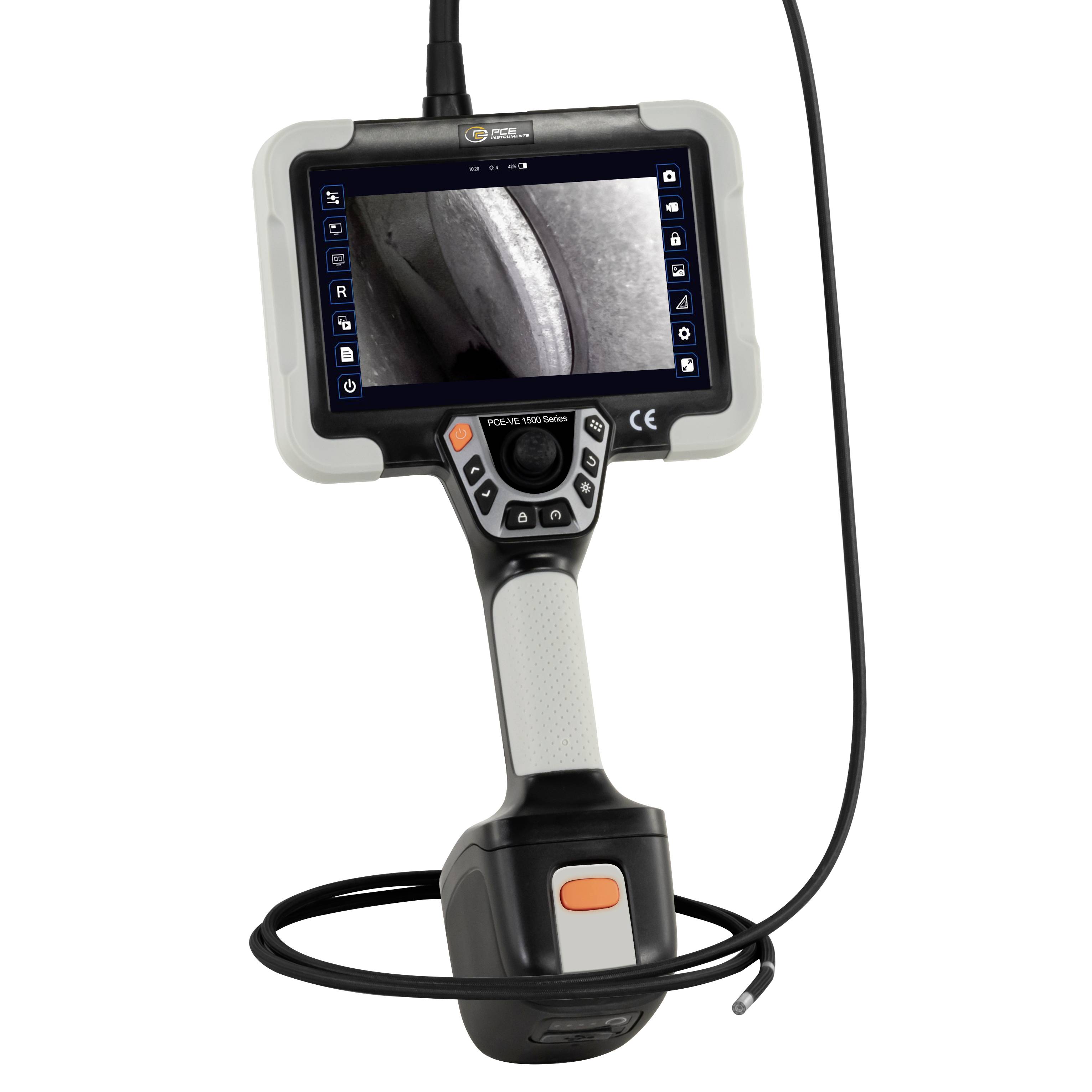 Handheld inspectiecamera met een scherm dat een gedetailleerde grijsschaal-interne weergave toont, waarschijnlijk voor industriële of medische inspectie.