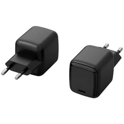 Zwarte USB-C-wandopladers met EU-stekker, één in vooraanzicht en één in zijaanzicht, geïsoleerd op een witte achtergrond.