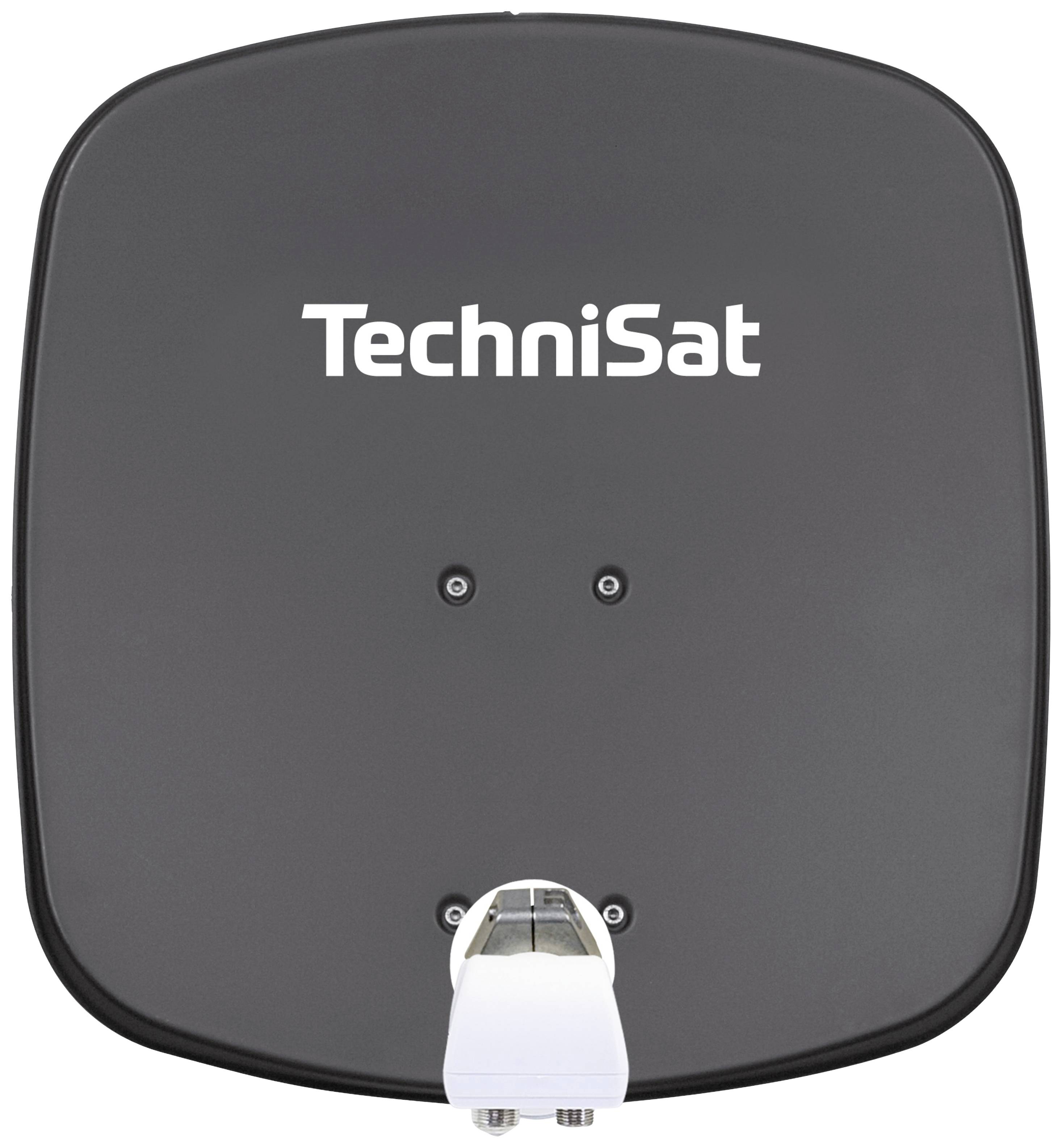 Schotel van TechniSat, vierkante vorm, zwart design, toont merkenlogo. Ideaal voor huishoudens met satellietontvangst.