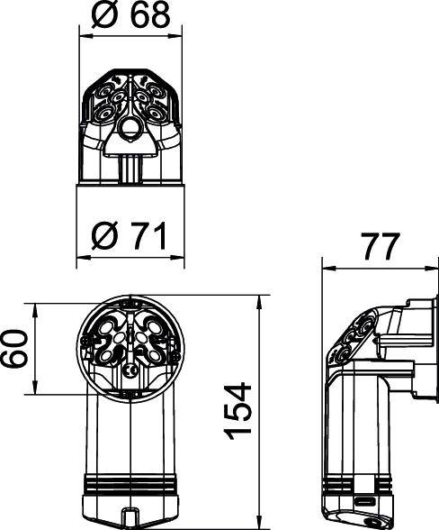 Technische tekening van een stekker met frontaal en zijaanzicht, afmetingen: diameter 68 mm en 71 mm, hoogte 154 mm, breedte 60 mm, diepte 77 mm.