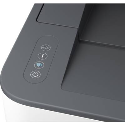 Close-up van een printerbeheerpaneel met drie knoppen: aan/uit, informatie en annuleren.