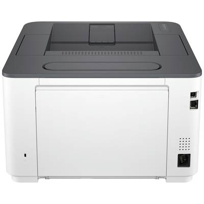 Een moderne zwart-witte laserprinter, vooraanzicht. Hij is voorzien van een USB- en netwerkpoort aan de rechterkant.
