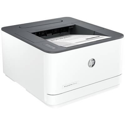 Zwart-witte desktop-laserprinter met papieruitvoer, merkenlogo zichtbaar aan de voorkant. Print een document.