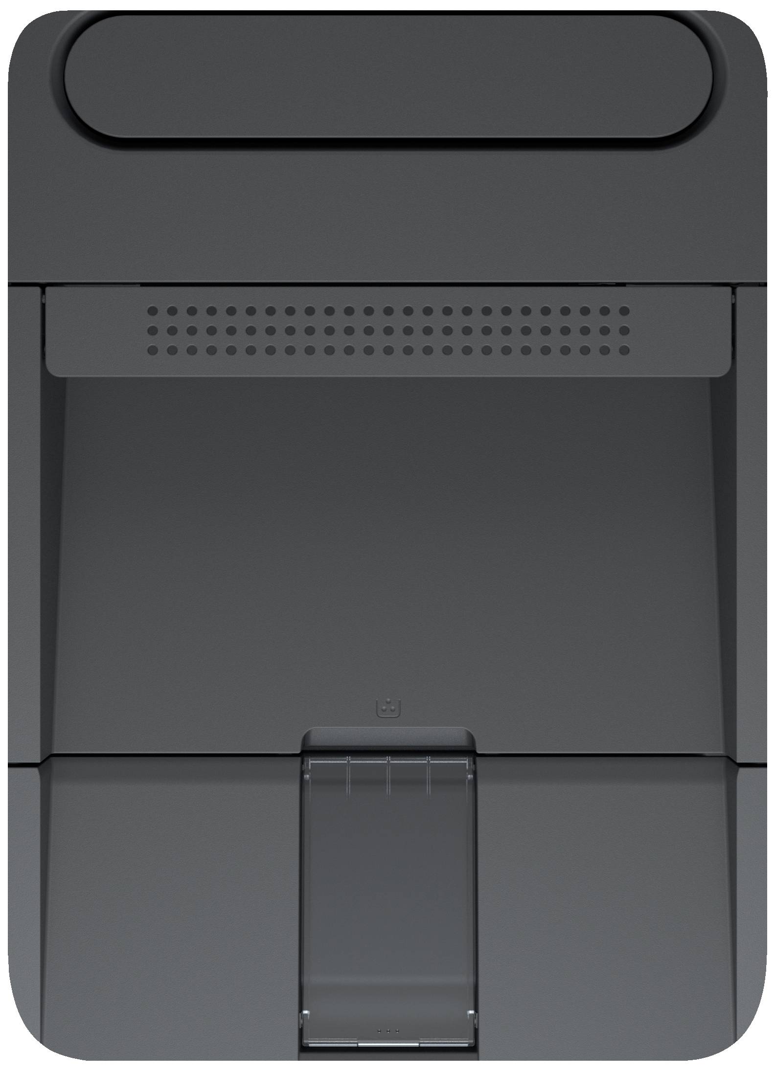 Grijs, rechthoekig kunststof apparaat met een klep en een luchtinlaat. Mogelijk een onderdeel van een elektronisch apparaat of behuizing.