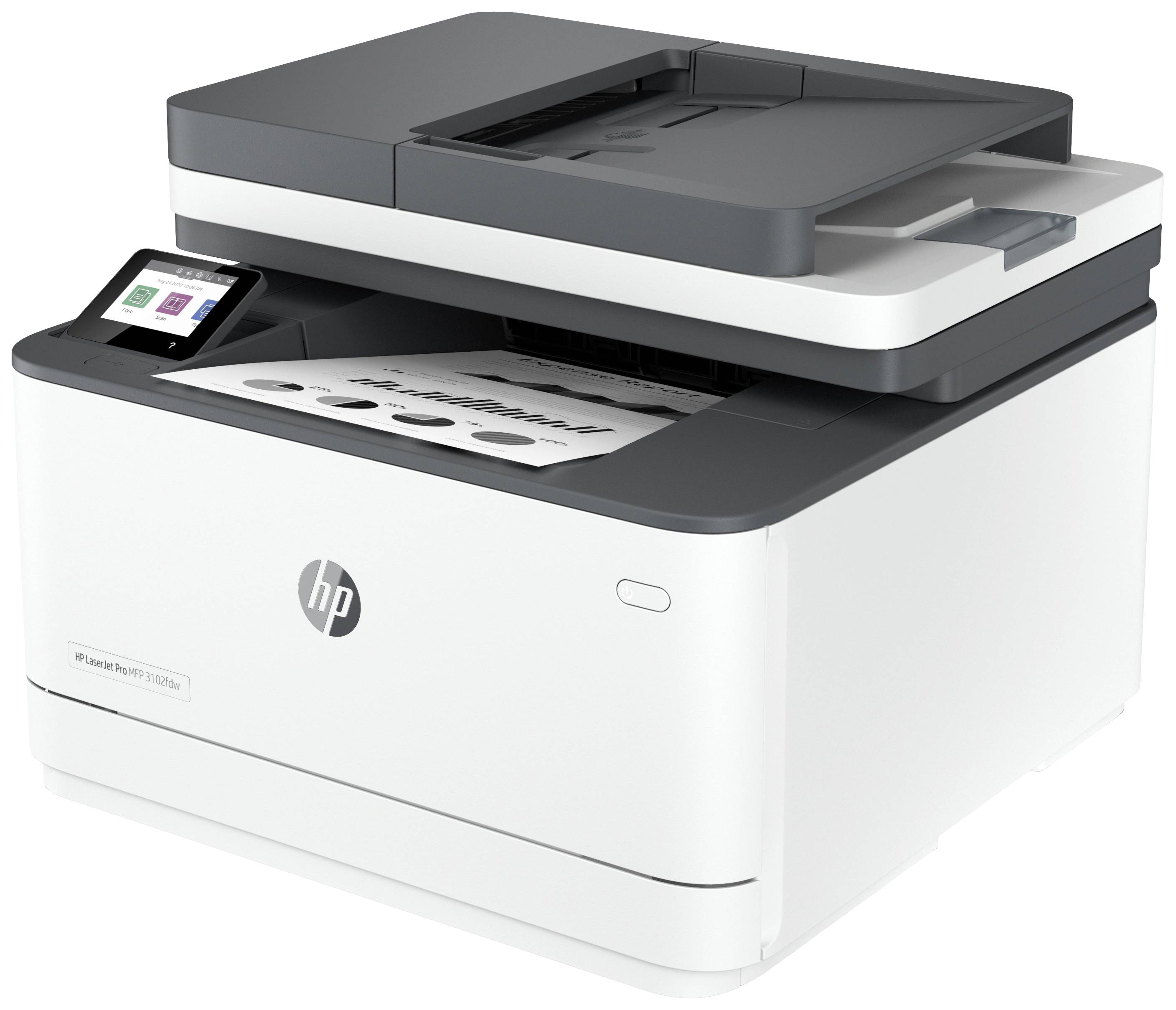 Een witte multifunctionele printer met een touchscreen-display die een document afdrukt.
