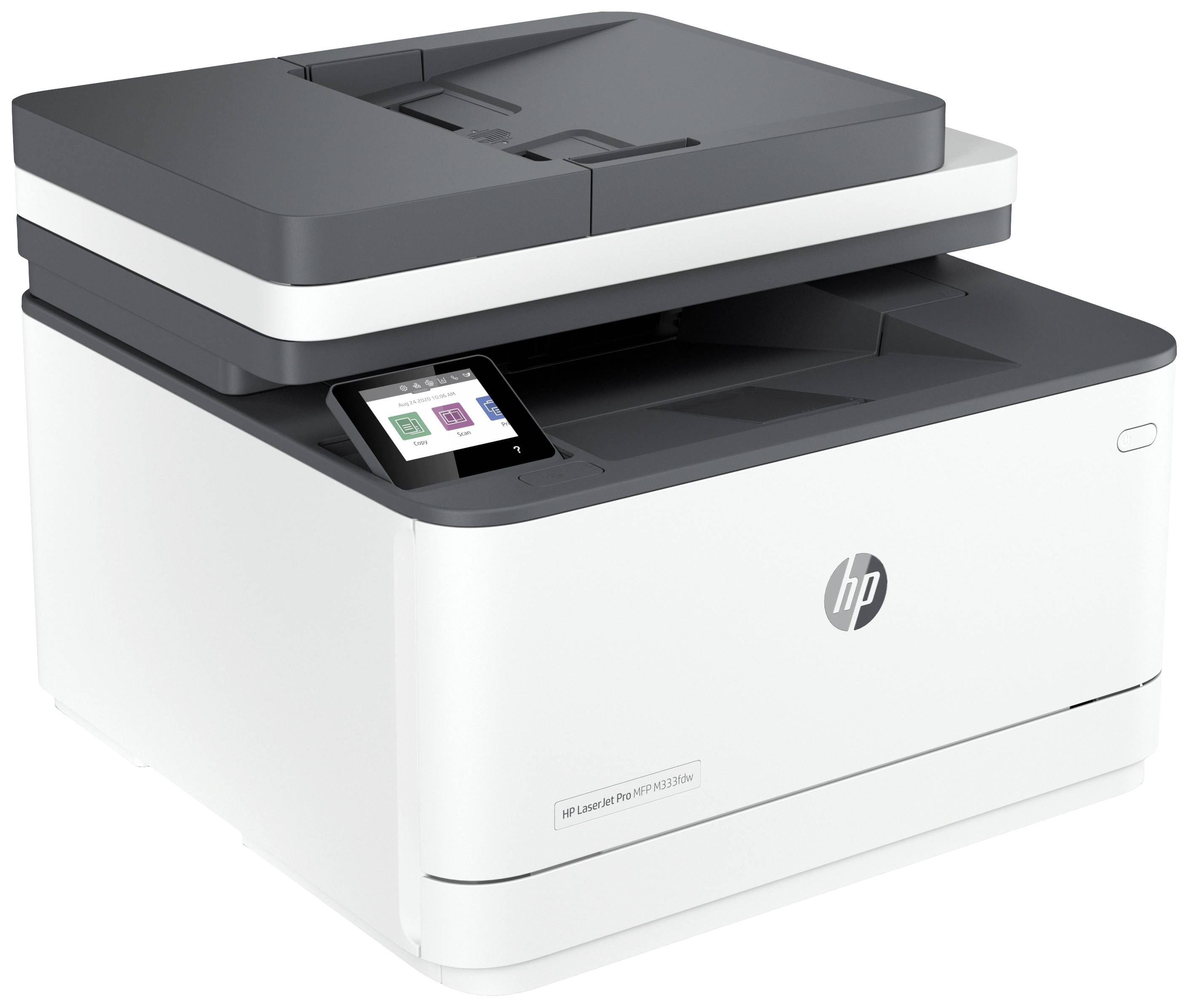 Een witte multifunctionele printer met een zwarte deksel en een ingebouwd display. Het HP-logo is zichtbaar aan de voorkant.