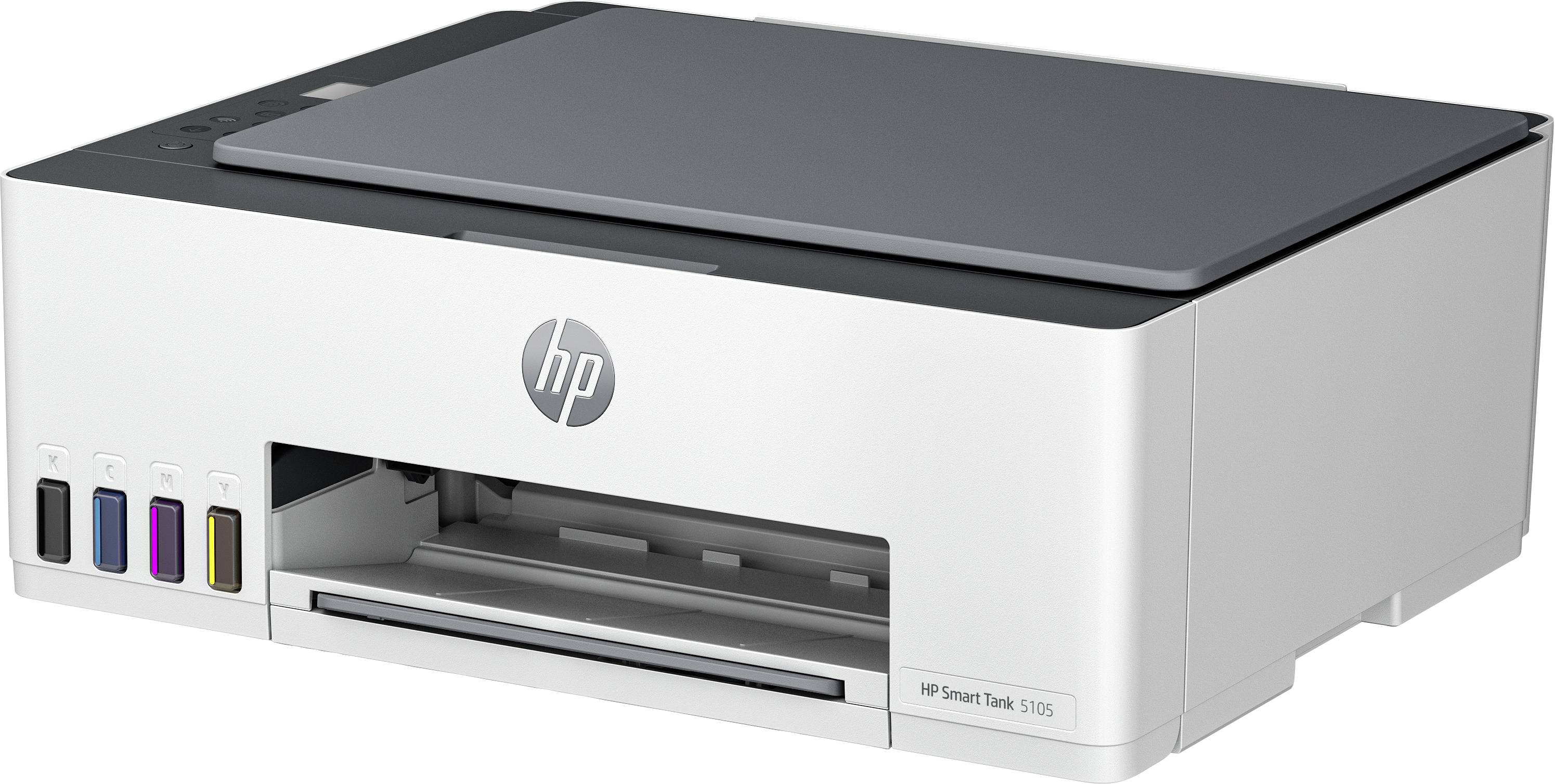 Een moderne printer met vier inktpatronen in Cyaan, Geel, Magenta en Zwart aan de zijkant.