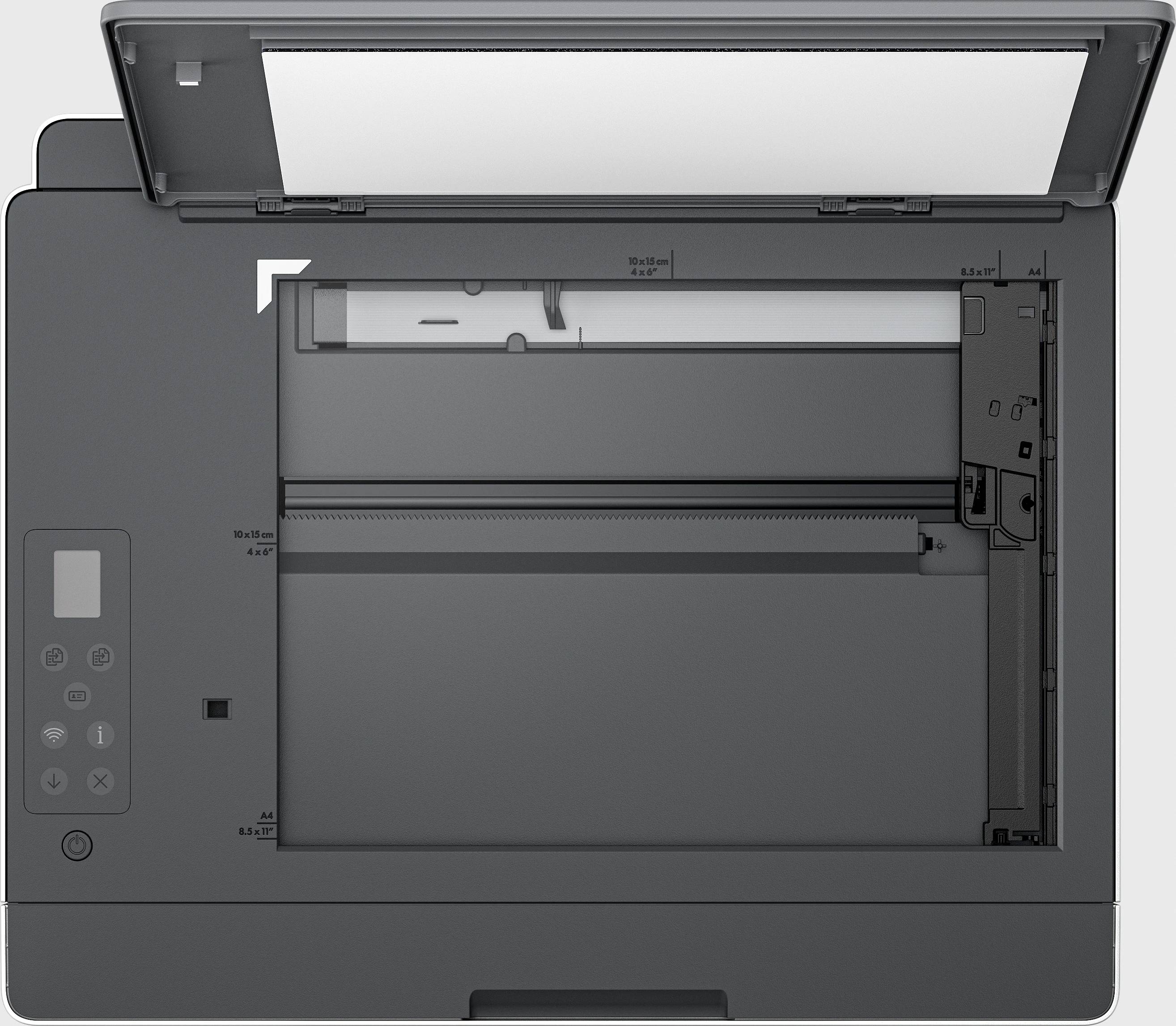 Open scanner of kopieerapparaat van bovenaf gezien, klaar voor het invoeren van documenten. Bedieningselementen zijn links zichtbaar.