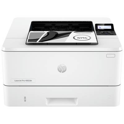 Een witte laserprinter met een document dat gedeeltelijk uit de bovenste lade steekt. Modelaanduiding 'LaserJet Pro 4002dn'.