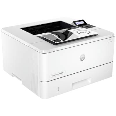 Een witte laserprinter drukt een document af met een afbeelding en de tekst 'Z/W'. Op de voorkant van de printer is de fabrikant zichtbaar.