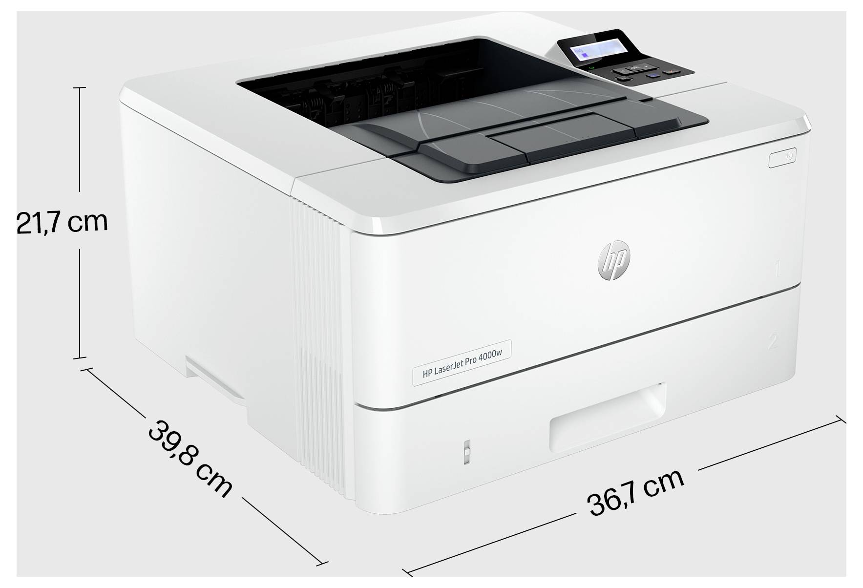 HP LaserJet Pro 4003dn printer afgebeeld met gelabelde afmetingen van 21,7 cm hoog, 39,8 cm diep en 36,7 cm breed.