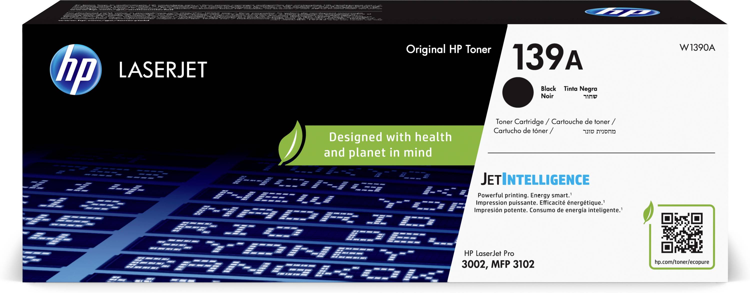 HP LaserJet 139A zwarte tonercartridge doos met JetIntelligence en een QR-code; gelabeld voor HP LaserJet Pro 3002 en MFP 3102.