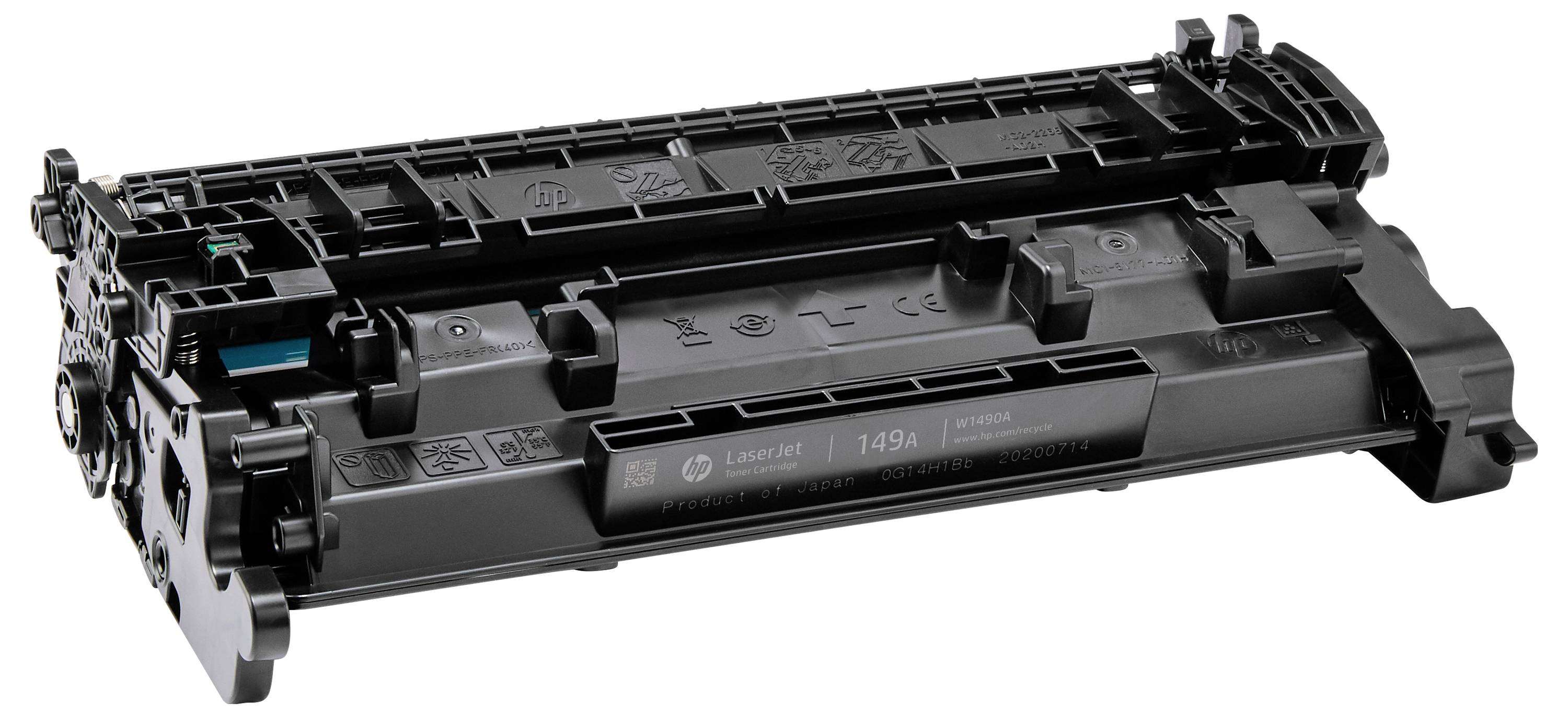 Zwarte printertoner cartridge weergegeven op een witte achtergrond, aangehoekt aanzicht van het verbruikstuk gebruikt in laserprinters.