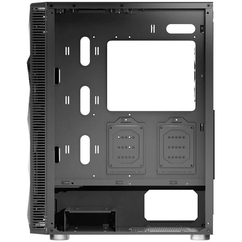 Binnenaanzicht van de behuizing van een computer-tower zonder componenten; toont ruimte voor moederbord, voeding en stations.