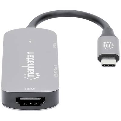 'Grijs-zwarte adapter met HDMI-aansluiting en USB-C-stekker. Merk 'Manhattan'.'