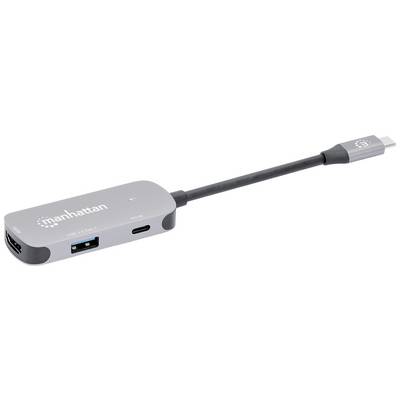 USB-C-adapter met aansluitkabel, merknaam 'Manhattan'. Beschikt over HDMI, USB en USB-C poorten.
