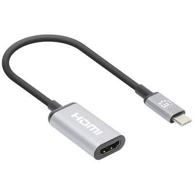Een zilveren HDMI-naar-USB-C-adapterkabel. Links HDMI-stekker, rechts USB-C-stekker. Geschikt voor het verbinden van apparaten.