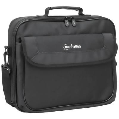 Een zwarte laptoptas met handgreep en schouderband. Op de voorkant bevindt zich het logo 'manhattan'.