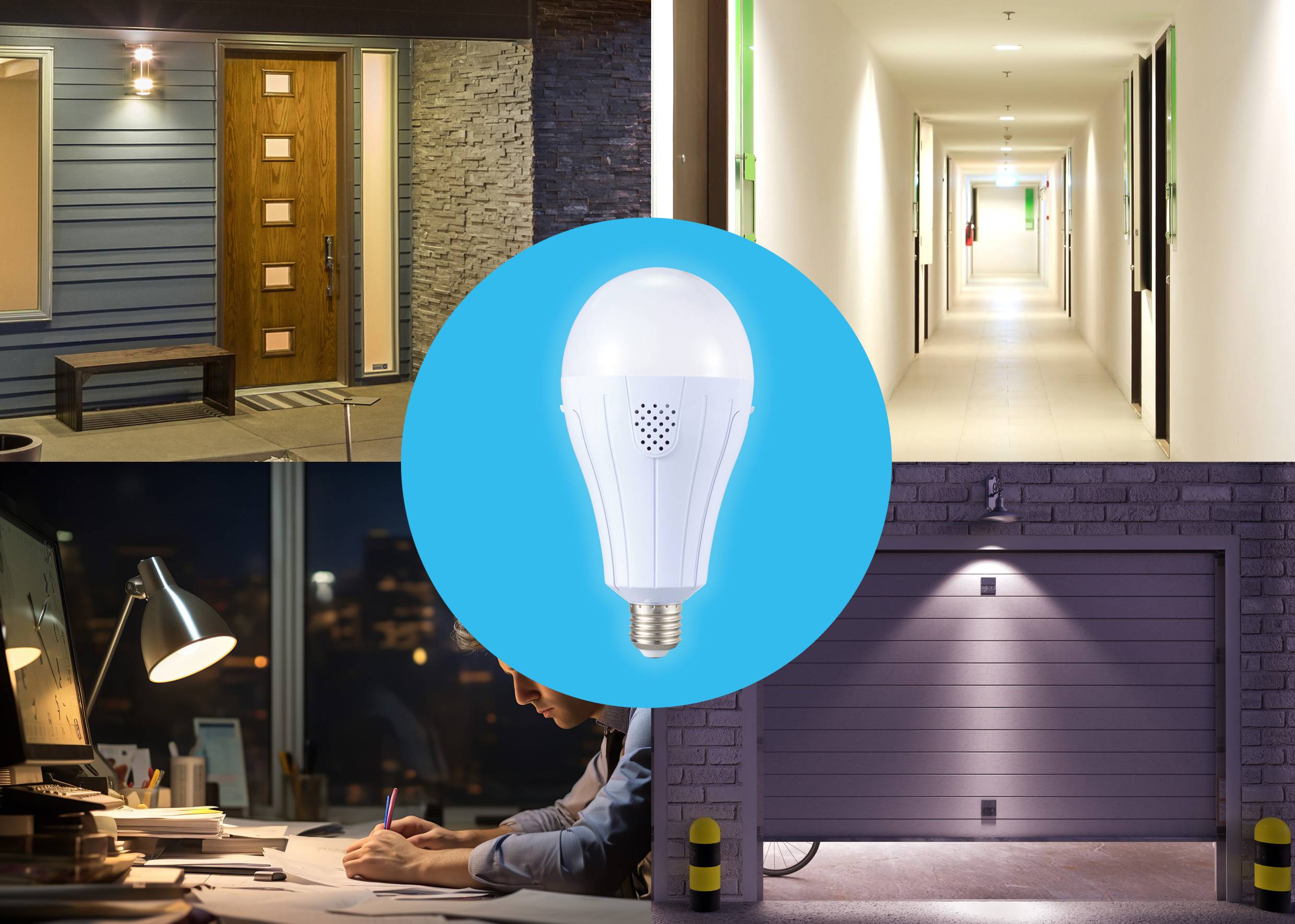 Een gloeilamp in een blauwe cirkel staat voor vier afbeeldingen: verlichte huisgevel, helder verlichte gang, thuiskantoor bij nacht, verlichte garage. Thema: Verlichtingsoplossingen.