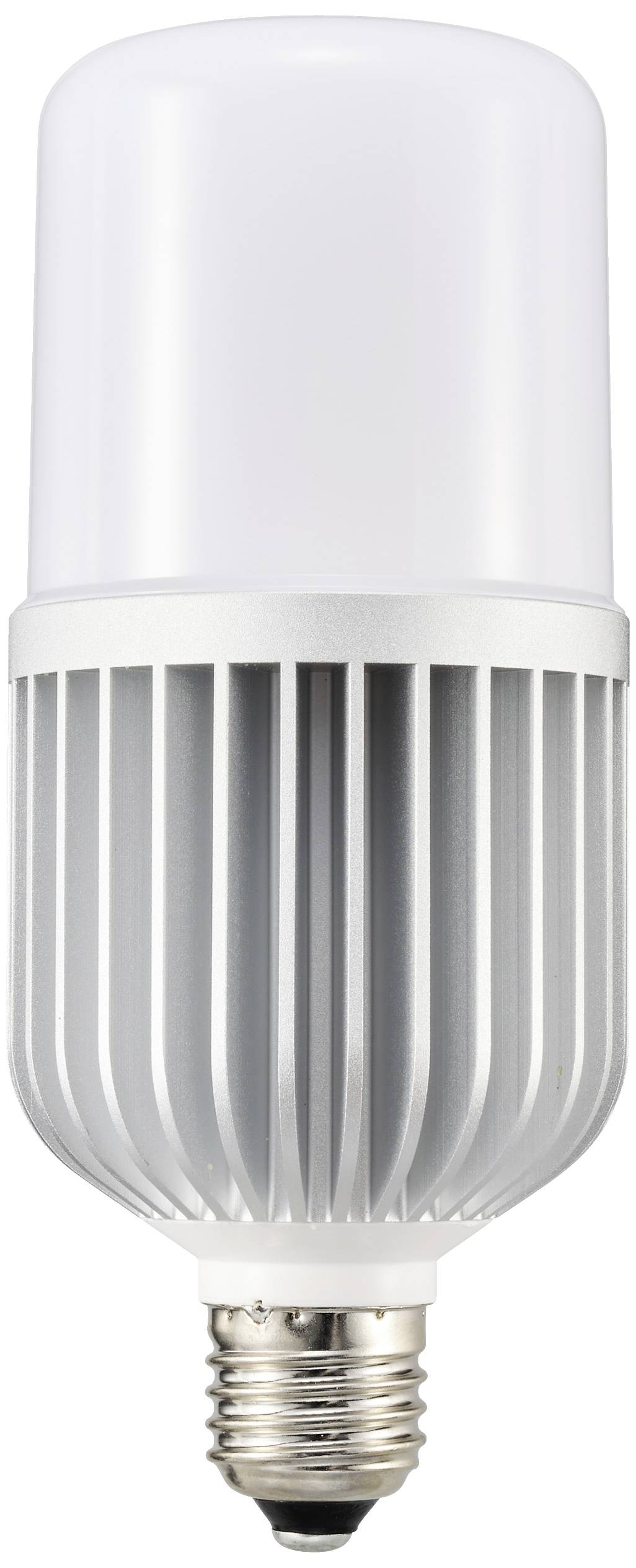 Een moderne LED-gloeilamp met een zilveren heatsink en E27-fitting, geschikt voor energiezuinige verlichting.