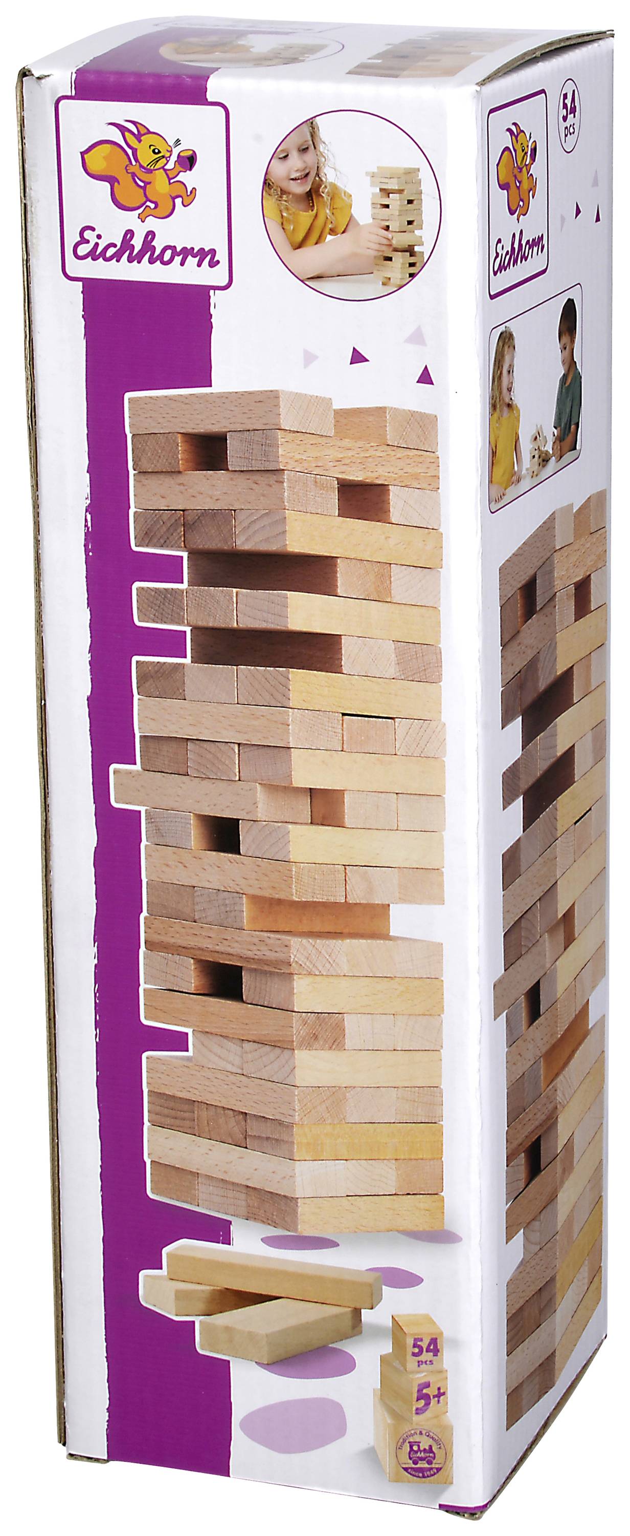 Verpakking van een houten toren-spel 'Eichhorn', toont lachende kinderen die de toren aan het bouwen zijn, leeftijdsadvies vanaf 5 jaar.