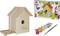 Een knutselpakket voor een vogelhuisje om te beschilderen. Bevat een onbehandeld houten huisje, zes verfpotjes, een penseel en een voorbeeld van de verpakking.