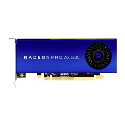 Blauwe videokaart met opschrift 'RADEON PRO WX 3200'. Rechts is een ventilatieopening zichtbaar.