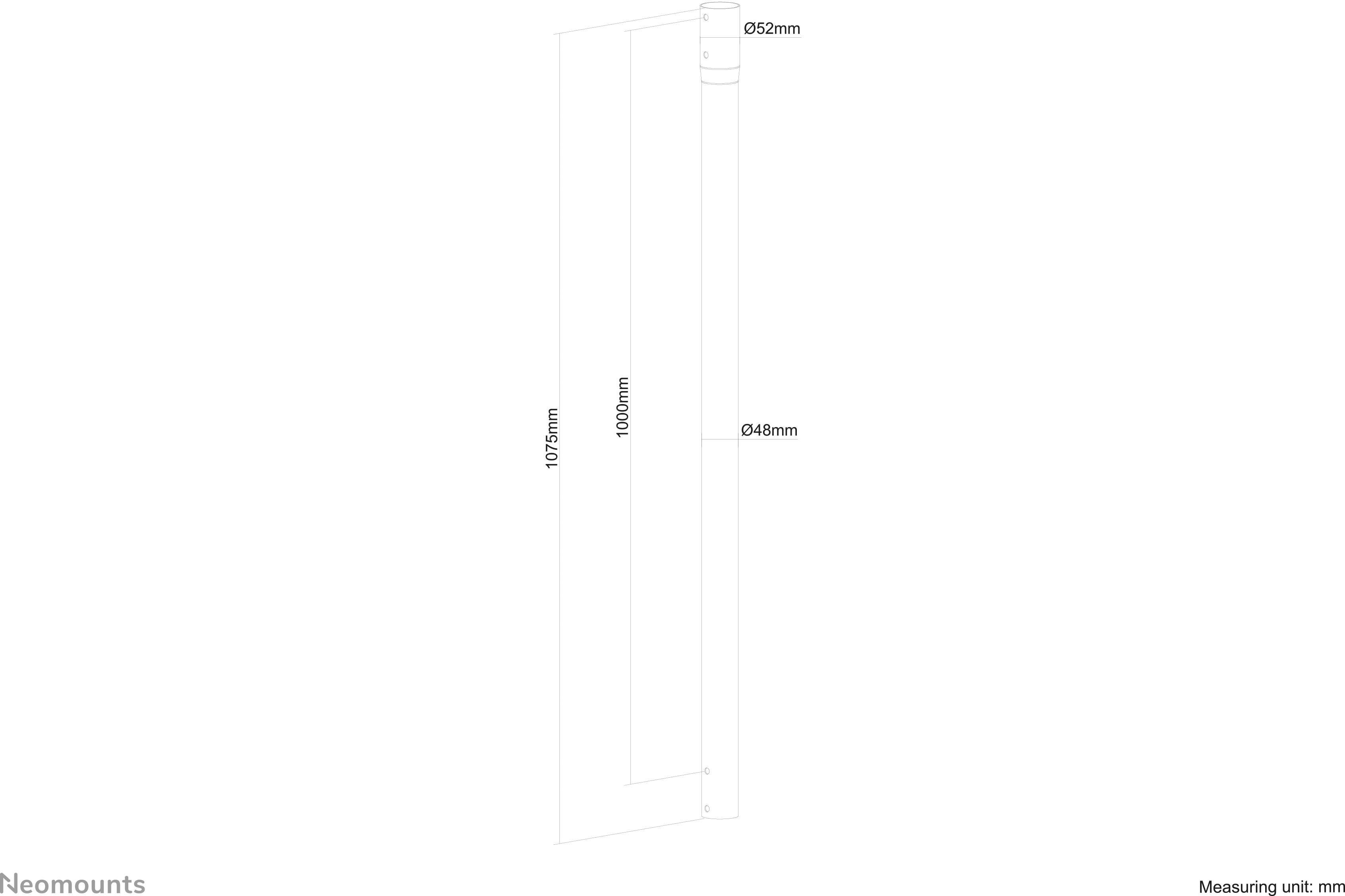 Lijnentekening van een rechthoekig kader met een breedte van 1073 mm en een hoogte van 1000 mm. Twee cirkels rechts, één met een diameter van 26 mm en één met een diameter van 48 mm.