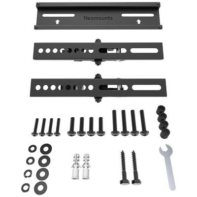 Montageset bestaande uit metalen beugels, schroeven, pluggen en een moersleutel, bedoeld voor het bevestigen van tv-steunen.
