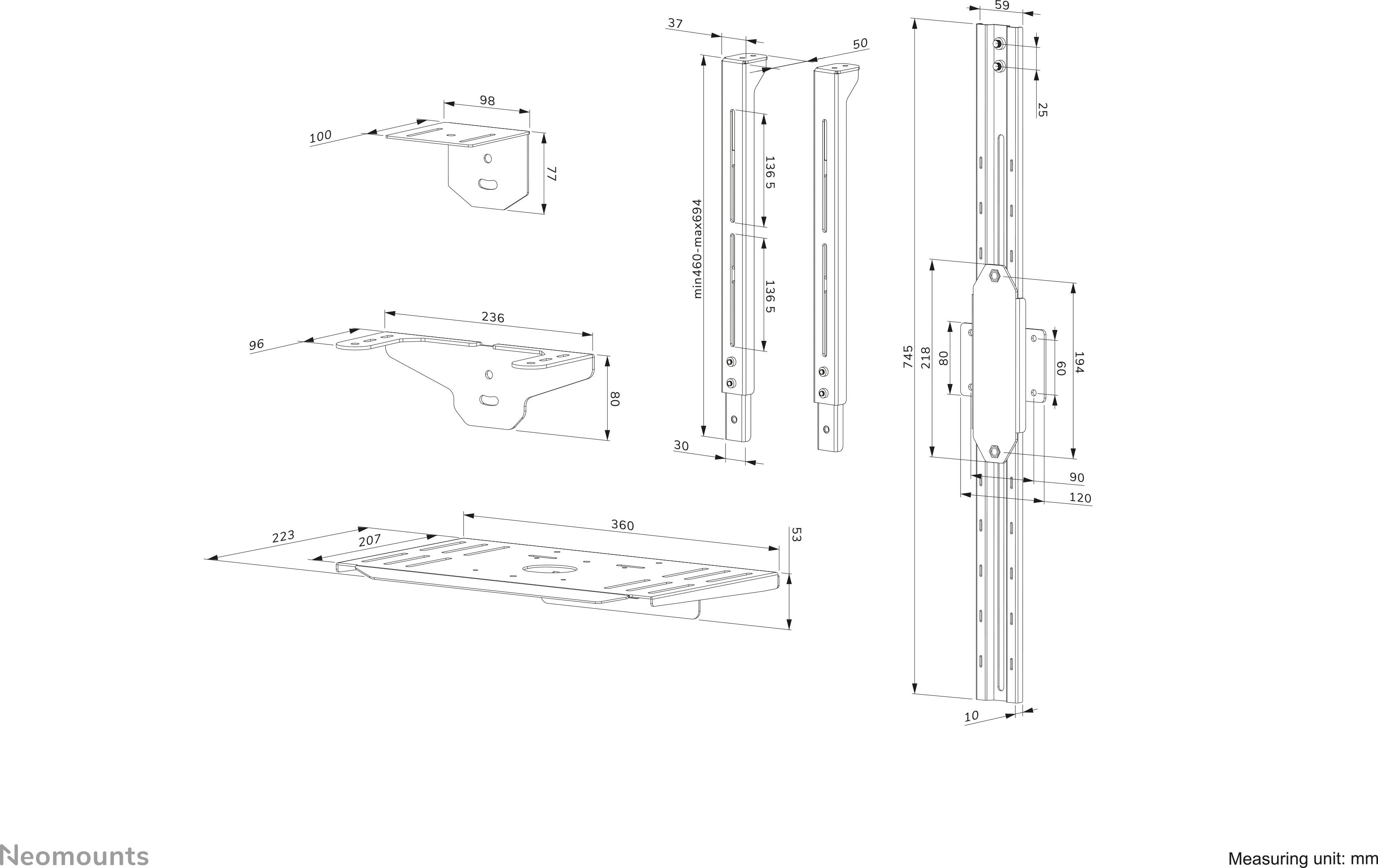 Technische tekening van verschillende tv-steunen, met afmetingen in millimeters voor montage en hoogte, breedte en diepte van de onderdelen.