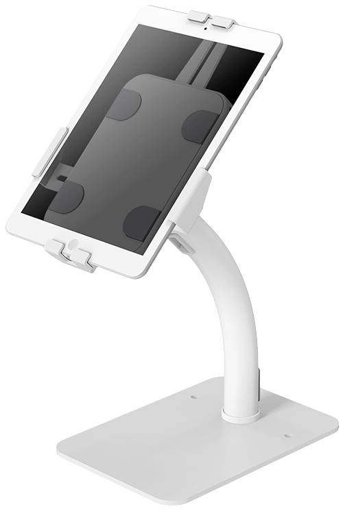 Een witte tabletstandaard met een gebogen arm houdt een tablet stevig vast in verticale positie. Ideaal voor presentaties en handsfree gebruik.