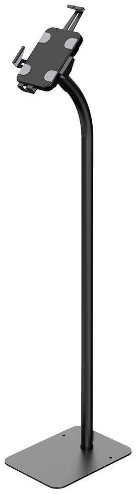 Een zwarte, verstelbare standaard met houder voor mobiele apparaten, geschikt voor gebruik op de vloer.