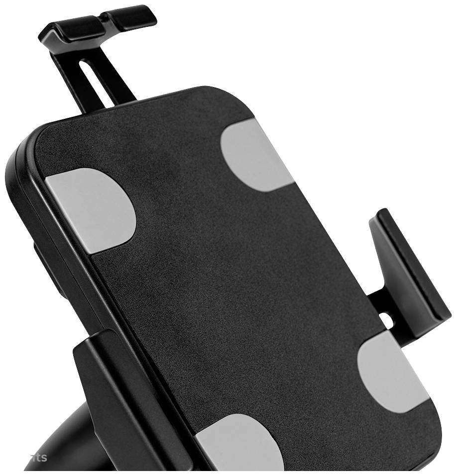 Zwarte, rechthoekige houder met grijze rubberen kussentjes op de hoeken en verstelbare klemmen, waarschijnlijk geschikt voor een tablet.