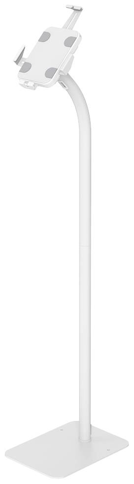 Een witte standaard met een houder voor een tablet of smartphone, geschikt voor handsfree gebruik. De standaard heeft een flexibele arm.