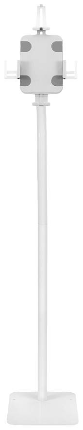 Witte standaard met houder, geschikt voor tablets of smartphones, rechtop met een stabiele basis.