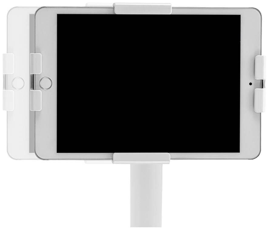 Een wit tablet is bevestigd in een houder die zijn draaibaar zijn demonstreert. Het scherm is uitgeschakeld en reflecteert licht.